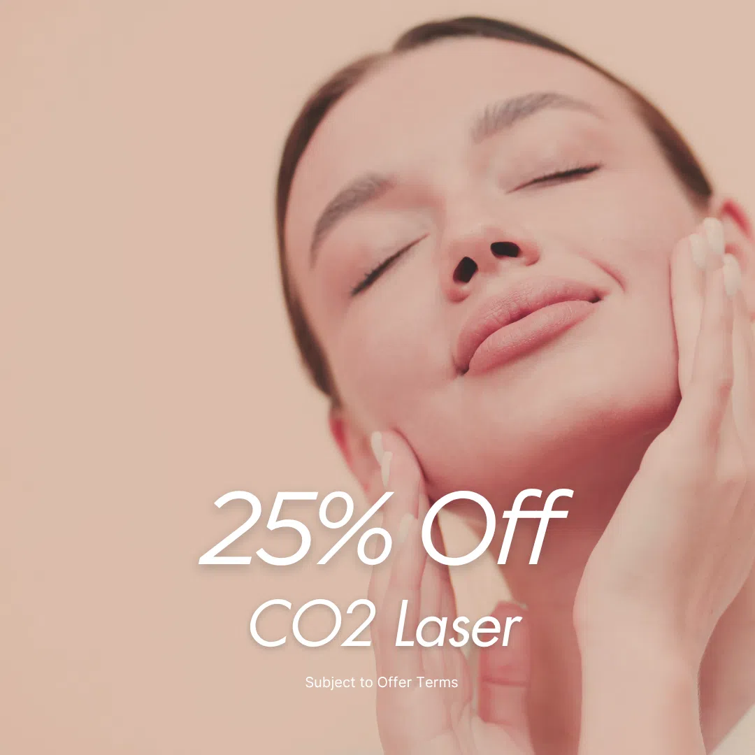 Promotional image showing 25% off CO2 laser resurfacing at Bloom – Advanced Med Spa. Offer valid through October 31, 2025, while supplies last.