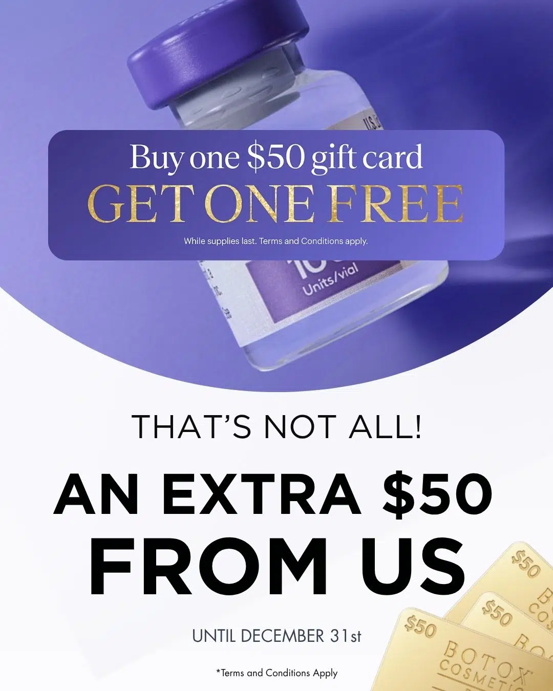 Purchase any Allē gift card on Botox Cosmetic Day and receive an additional $50 credit from Bloom – Advanced Med Spa when you visit the spa and redeem the Botox Cosmetic Day gift card you purchased. The $50 Bloom credit must be used by December 31, 2025. Offer is valid only on Botox Cosmetic Day, is non-transferable, and cannot be combined with other promotions or discounts. Cash value cannot be substituted. Additional terms may apply.