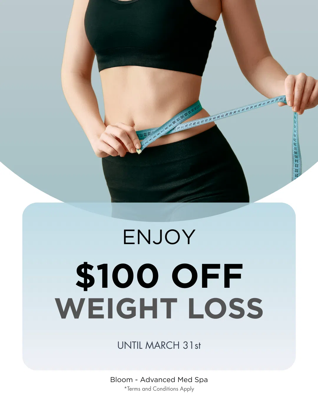 Weight Loss Program: Receive $100 off Semaglutide or Tirzepatide. Offer valid for new and existing patients enrolling in February. Cannot be combined with other discounts, promotions, or referral offers. No pre purchasing or banking for future use. Program must be purchased by March 31, 2026. Additional restrictions may apply.