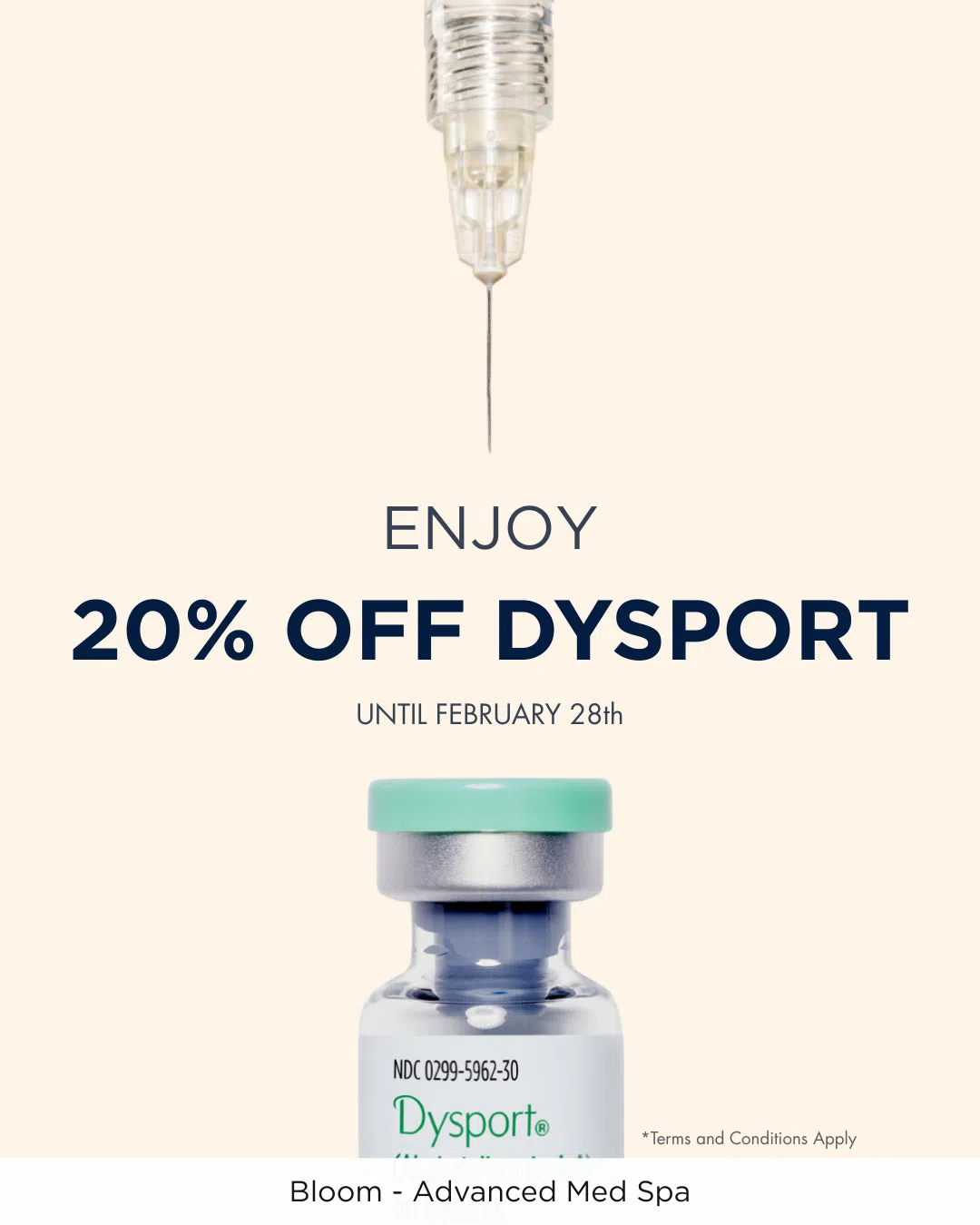 Receive 20% off Dysport. Discount applied to total units purchased at time of treatment. Offer valid at all locations. Cannot be combined with new patient specials or any other promotions. Treatment must be completed by February 28, 2026. Additional restrictions may apply.